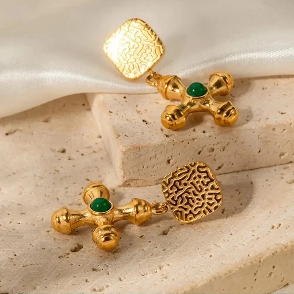 Vintage 18KGold Plated Stainless Steel Waterproof GreenOnyx Stone Cross Earrings